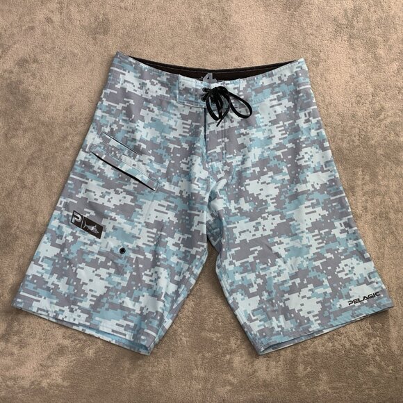 Pelagic Shorts Mens 32x12” Evolve 4 Tek Hybrid Boardshorts Blue Camo Fishing - Picture 1 of 8